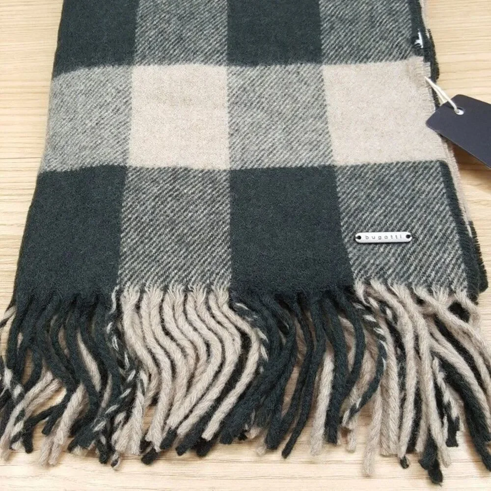BUGATTI Scarf Mens Tan Green Buffalo Check Plaid 80% Virgin Wool Fringe 66x16